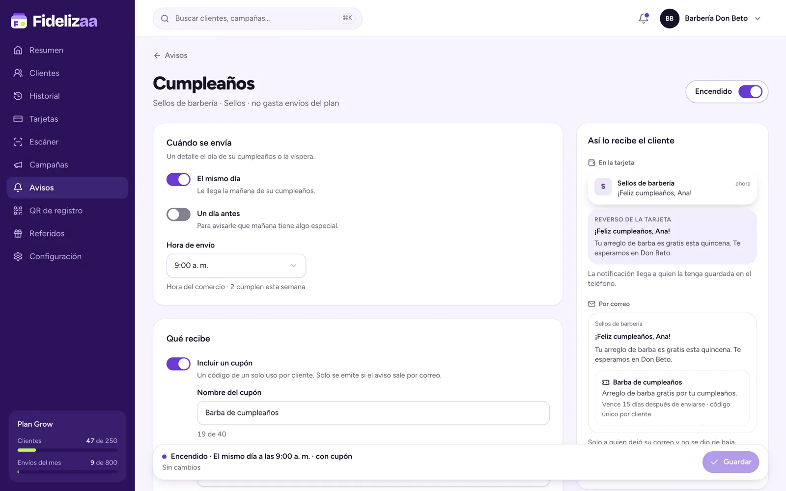 Editor del aviso de cumpleaños en Fidelizaa: el mismo día encendido, un día antes apagado, hora de envío 9:00 a. m., cupón «Barba de cumpleaños» y vista previa en la tarjeta y en el correo