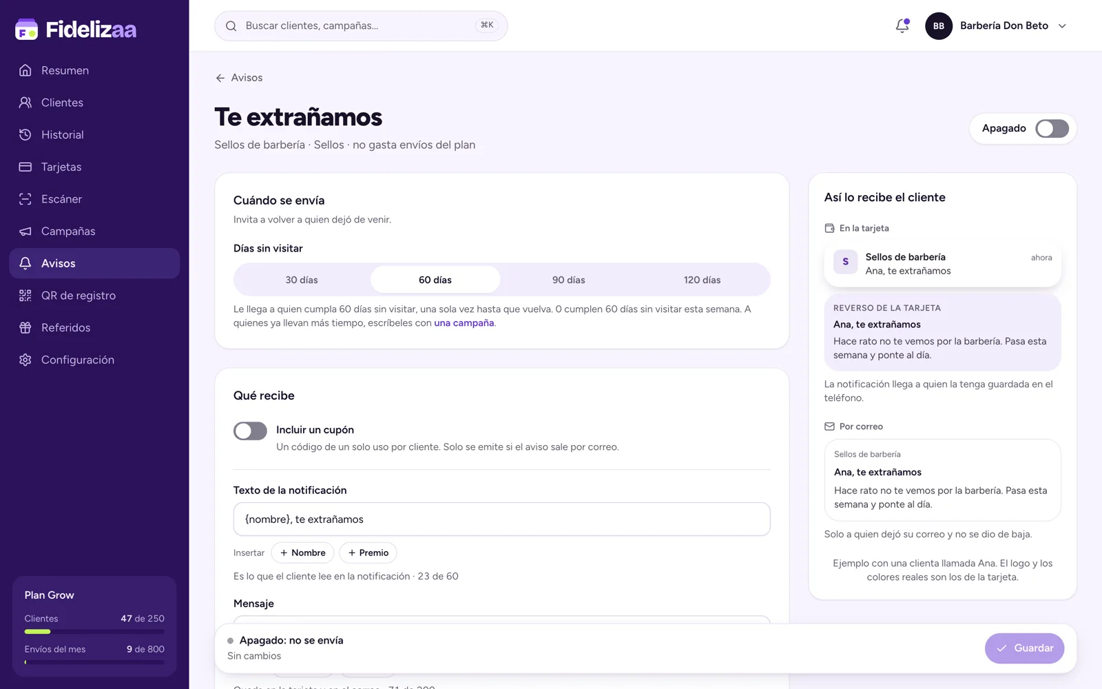 Editor del aviso «te extrañamos» en el panel de Fidelizaa: días sin visitar (30, 60, 90 o 120), opción de incluir un cupón y vista previa de la notificación en la tarjeta y en el correo