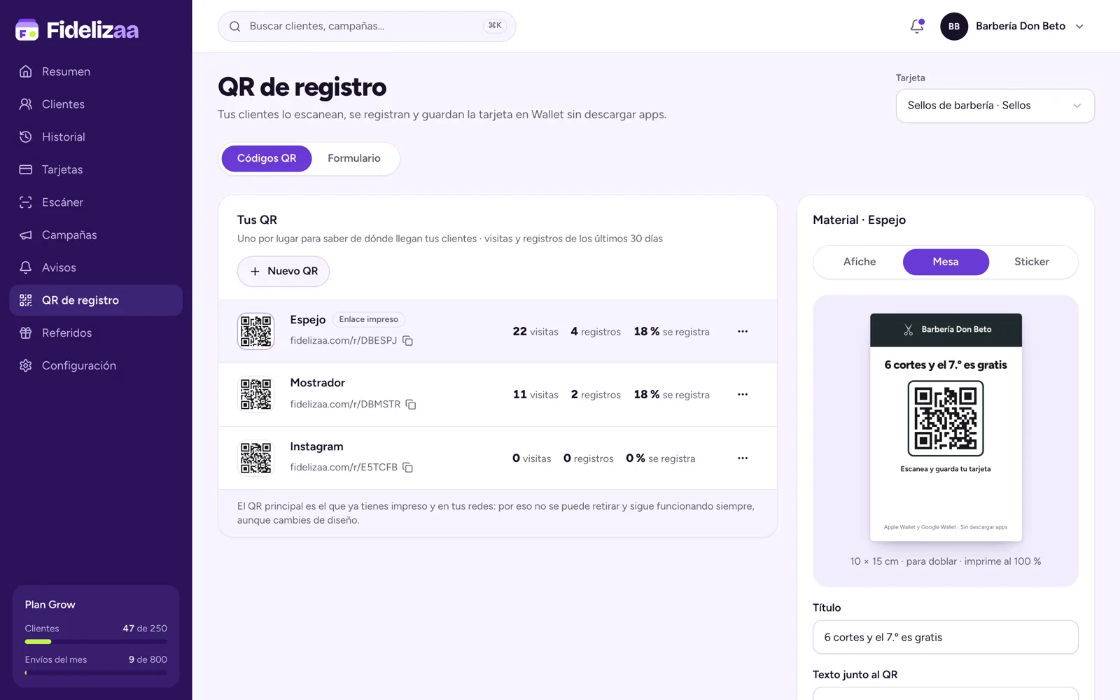 Pantalla QR de registro del panel de Fidelizaa con tres códigos (espejo, mostrador e Instagram), sus visitas y registros, y la tarjeta de mesa para imprimir con la regla «6 cortes y el 7.º es gratis»