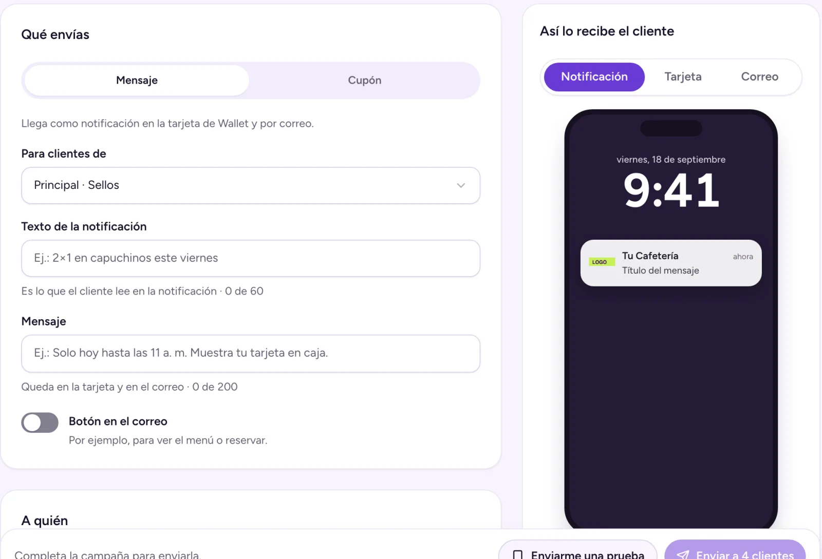 Panel de Fidelizaa: pantalla de nueva campaña con la vista previa del aviso en la pantalla de bloqueo