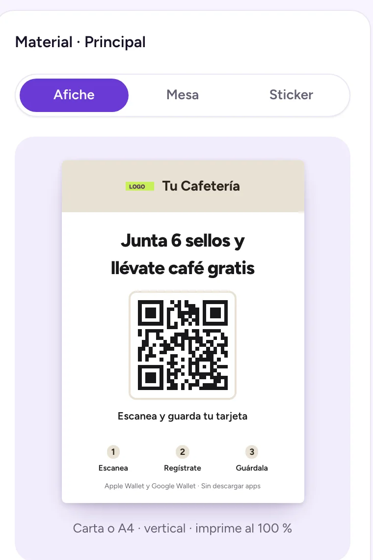 Afiche imprimible con el QR de registro, generado por el panel de Fidelizaa